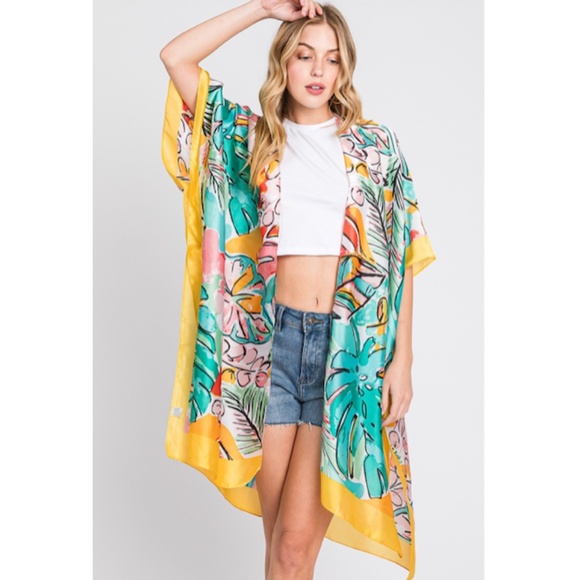 "The Eden" Hand Drawn Watercolor Tropical Leaves Kimono - Picture 1 of 4